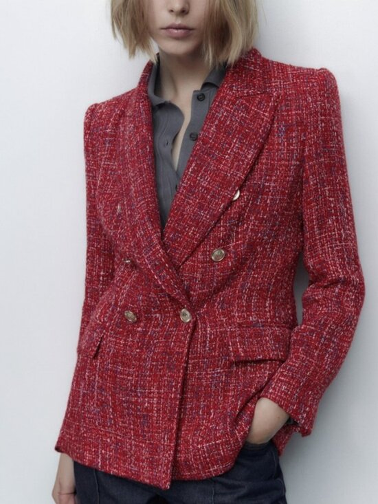 Zara Jackets & Blazers - ZARA Red Double Breasted Textured Tweed Blazer Size M